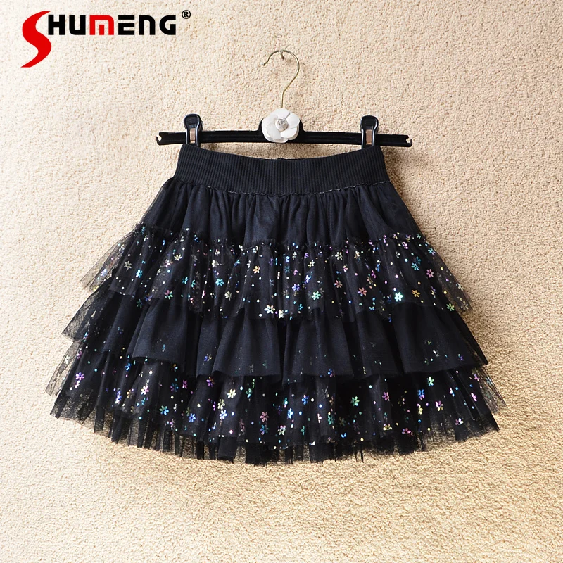 Ladies Multi-Layer Sequined Puffy Skirt 2024 Summer New Woman Dancing Slimming Wide Hem High Waist Black Gauzy Cake Skirts