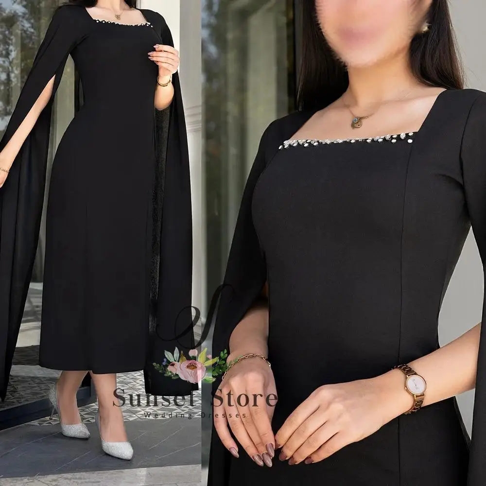 

Customized A-line Evening Dresses Ankle-length Square Collar Full Sleeve Prom Gown Fashion Crystal Simple Draped Party Gown