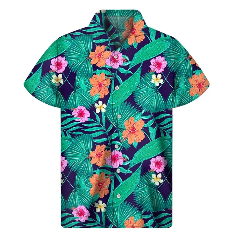 Hot Selling Tropical Plant Hawaiian Shirt Men's 3D Printed Beach Button Shirt Summer Short Sleeved T-shirt Street Collar Aloha