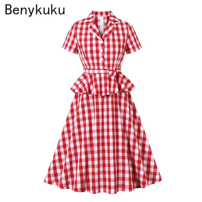 Notched Collar Elegant Red Gingham Cotton Midi Dresses for Women 2025 Ruffles Buttons Belted 50s 60s Vintage Plaid Peplum Dress