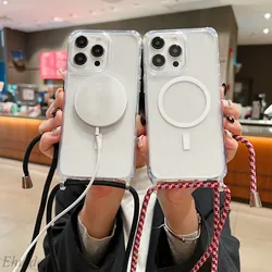 Strap Case For iPhone 17 14 13 12 15 Pro Max 16 Plus Crossbody Lanyard Shockproof Acrylic Clear Magnetic Wireless Charging Cover