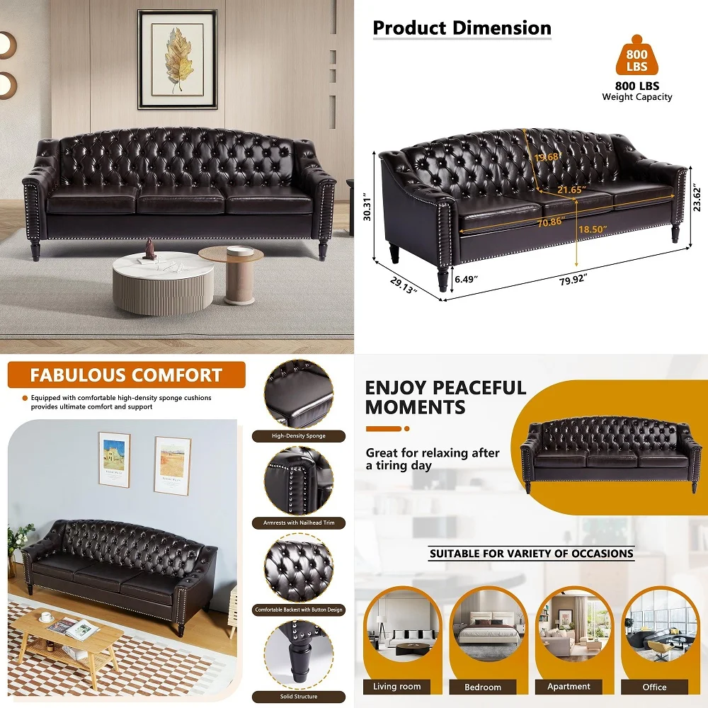 

MidCentury Modern Leather Couch, 80 Large Upholstered Sofa with High Back, Chesterfield Sofa Sleeper Settee with Solid Wood Leg