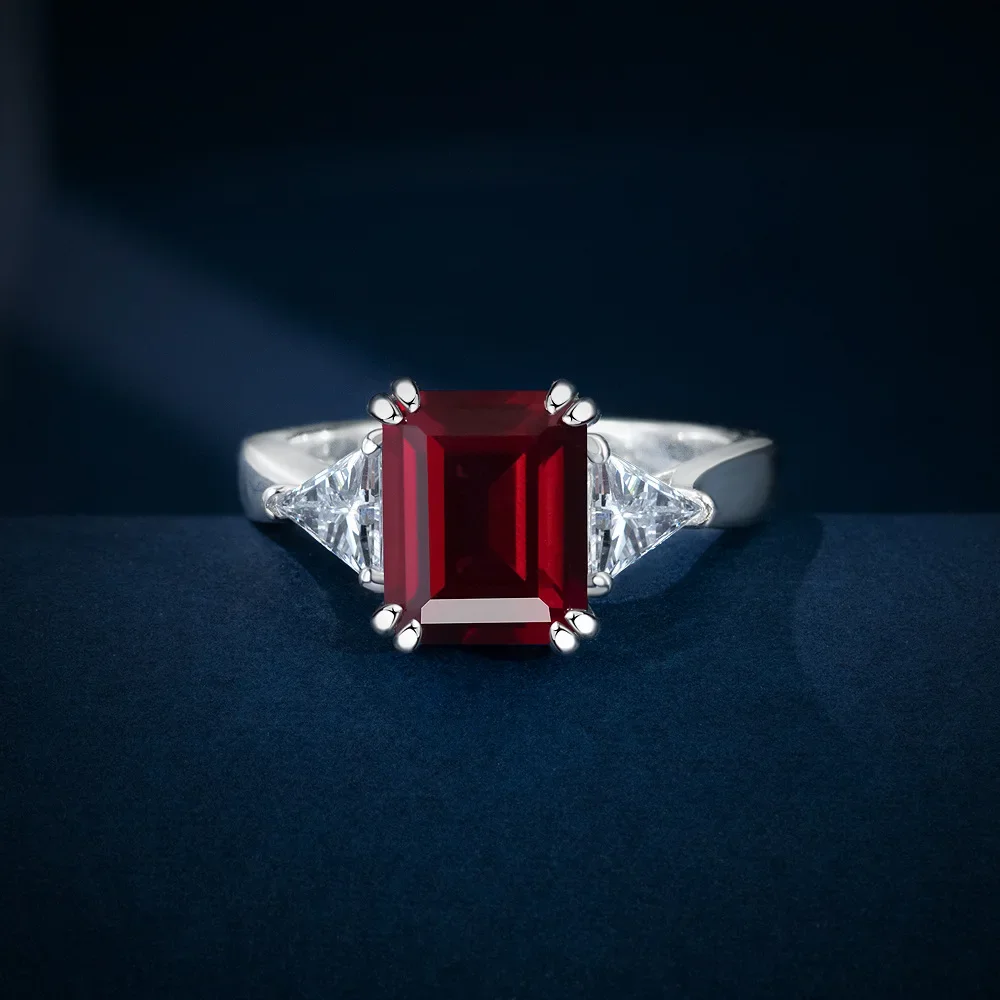 

2025 S925 silver rectangular 8 * 10 red, blue-green cultivated gemstone 4-carat classic three stone ring wedding jewelry