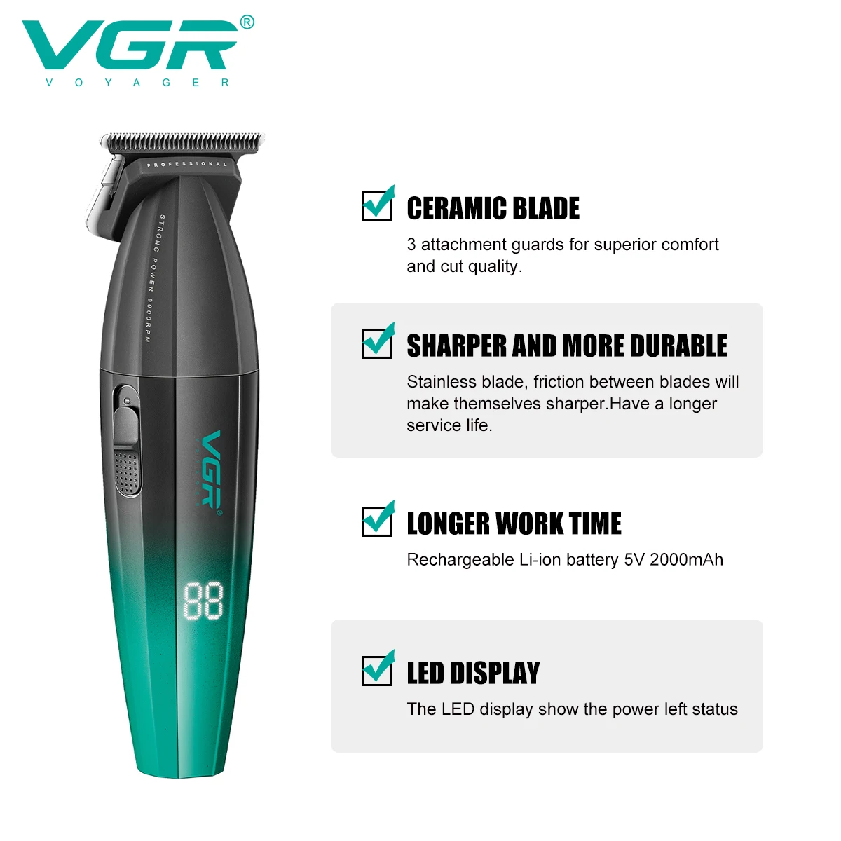 VGR Hair Trimmer Professional Hair Cutting Machine Cordless Hair Clipper 9000 RPM Haircut Barber Metal Trimmer for Men V-906