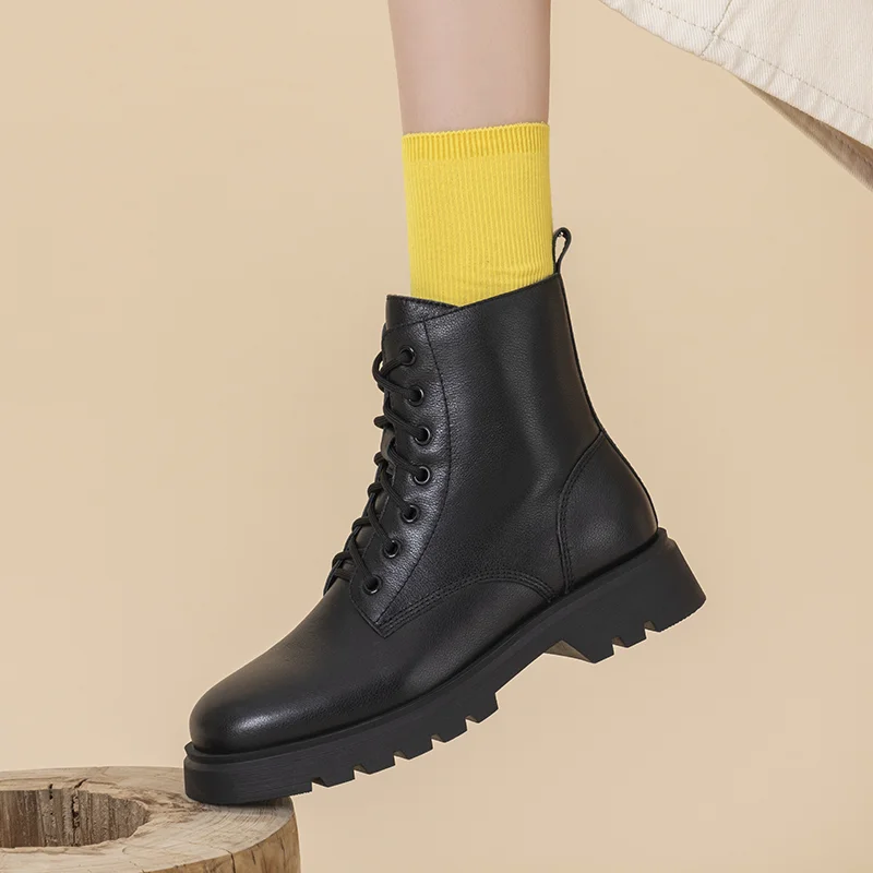 Leather Doc Martens women's British style retro platform Chelsea boots with high tops lace-up side zippers to match short boots