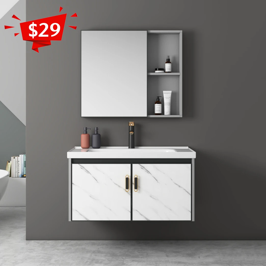 

Marble Design Wholesale Cheap Modern Aluminium Floating Wall Mounted Single Sink Vanity Cabinet Set For Bathroom With Sink