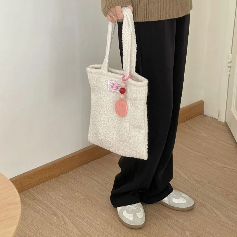 Women Candy Color Small Label Tote Handbag Casual Cute Hand Held Wool Bag 2023 New Fashionable Casual Purses and Handbags