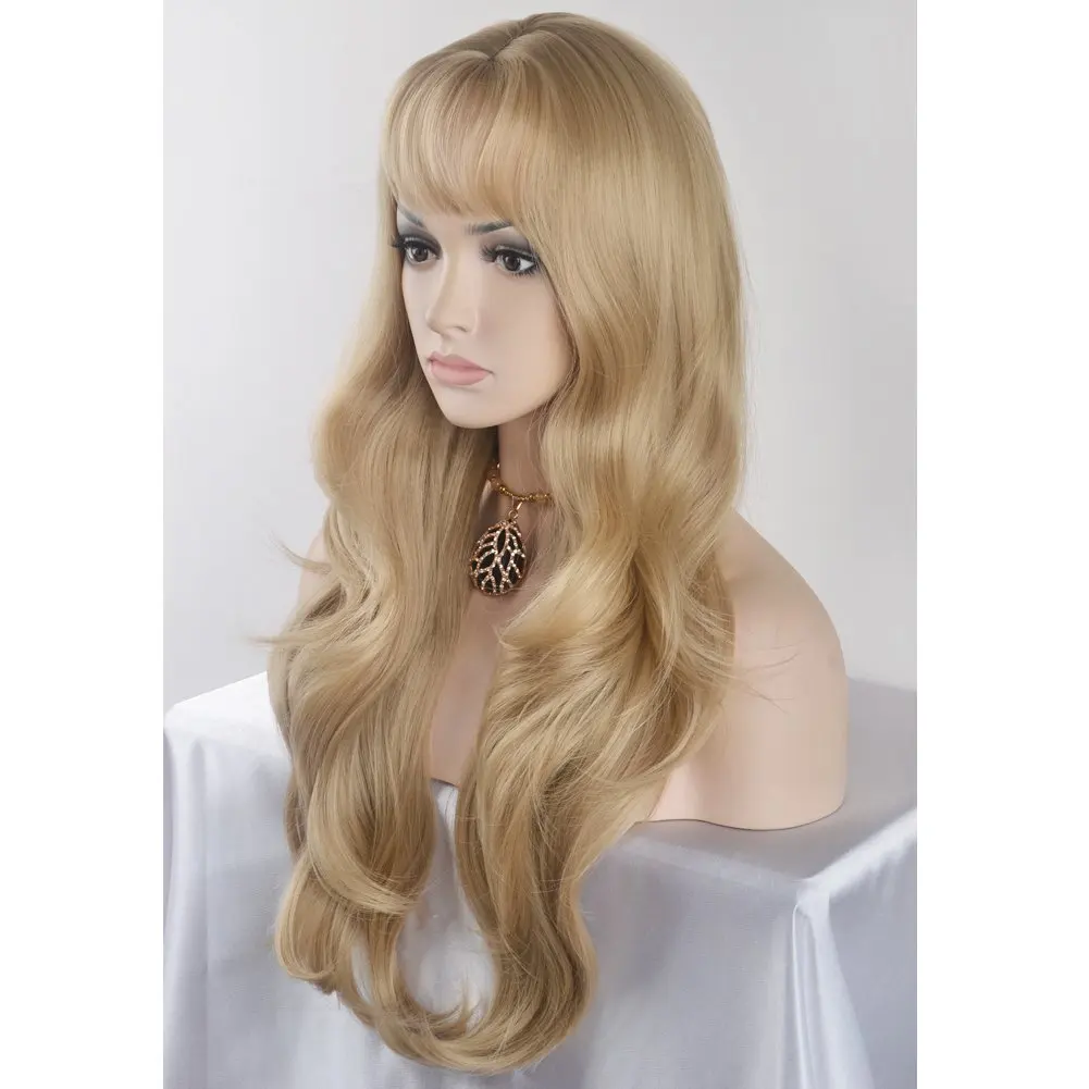 Peluca rubia larga ondulada con flequillo para mujer, peluca sintética rubia dorada