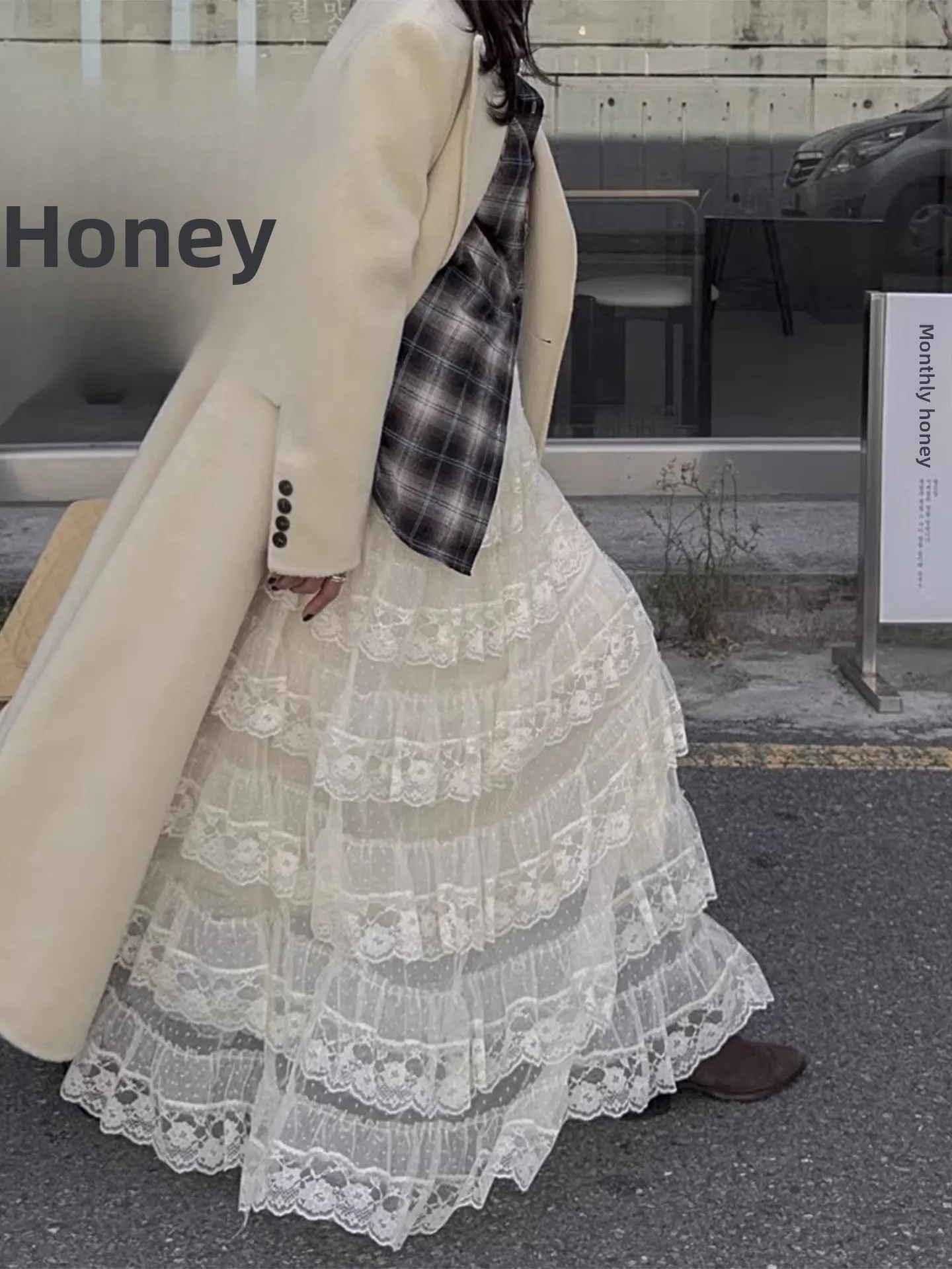 

Женская длинная юбка А-силуэта с высокой талией, с кружевными вставками и сетчатым эффектом, в корейском стиле, для повседневной носки, из полиэфирного волокна