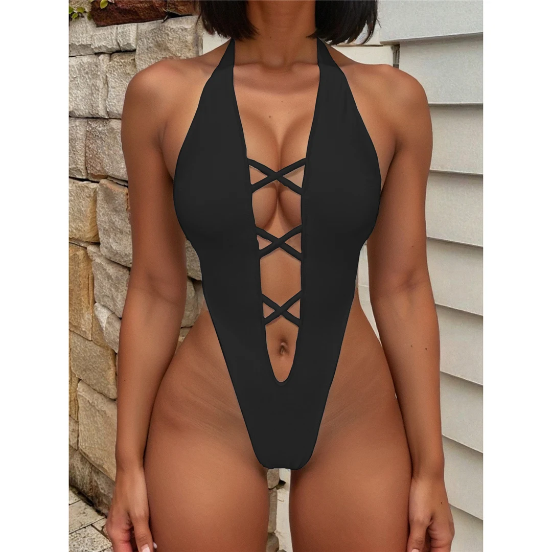 S - XL, tiefes V-Ausschnitt-Design, kurzer Badeanzug mit Tanga-Schnitt und überkreuztem Rücken, Damen-Badebekleidung, einteiliger Badeanzug, Damen-Badeanzug mit hohem Beinausschnitt, Badeanzug, Modell V5462. – Detail 14