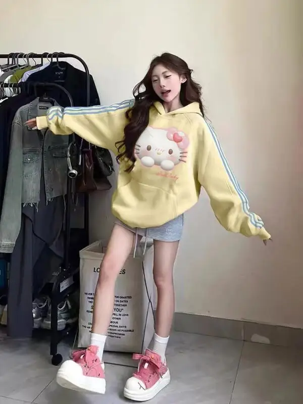 Felpa con cappuccio Sanrio New Cartoon Felpa con cappuccio Hello Kitty Felpa con cappuccio a righe stile dolce Felpa con cappuccio con stampa stile primavera e autunno carino