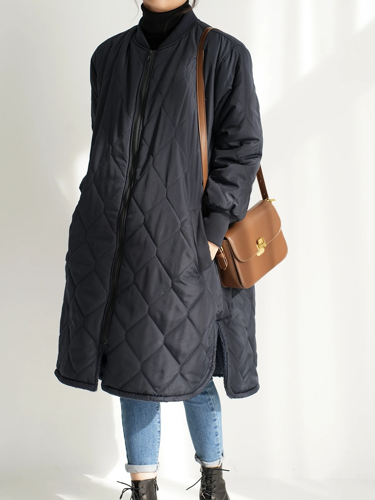 

Lamb Fur Diamond Pattern Cotton Jaet Women's Loose Straight Tube Warm Windproof Split Mid-Length Coat Trendy