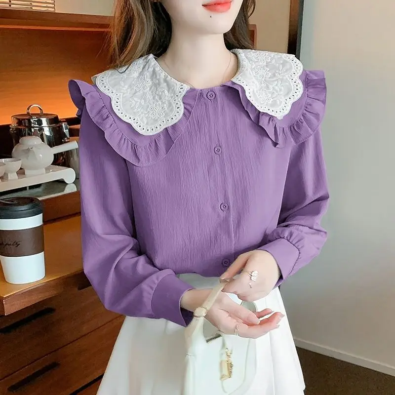 Mulheres Manga Longa Peter Pan Collar Blusa, Patchwork Camisa Branca, Tops de Cor Sólida, Moda Coreana, Roupas de Primavera, Novo, S-2XL