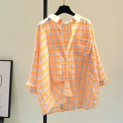 Single pocket cotton linen plaid shirt for women's 2023 summer new sunscreen shirt Korean version loose casual shirt top orange