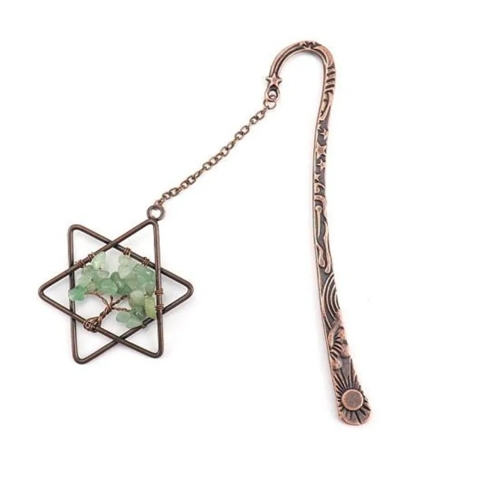 2Pcs Natural Green Aventurine Chip Beaded Tree of Life in Star of David Pendant Bookmark Red Copper Plated Alloy Hook Bookmark