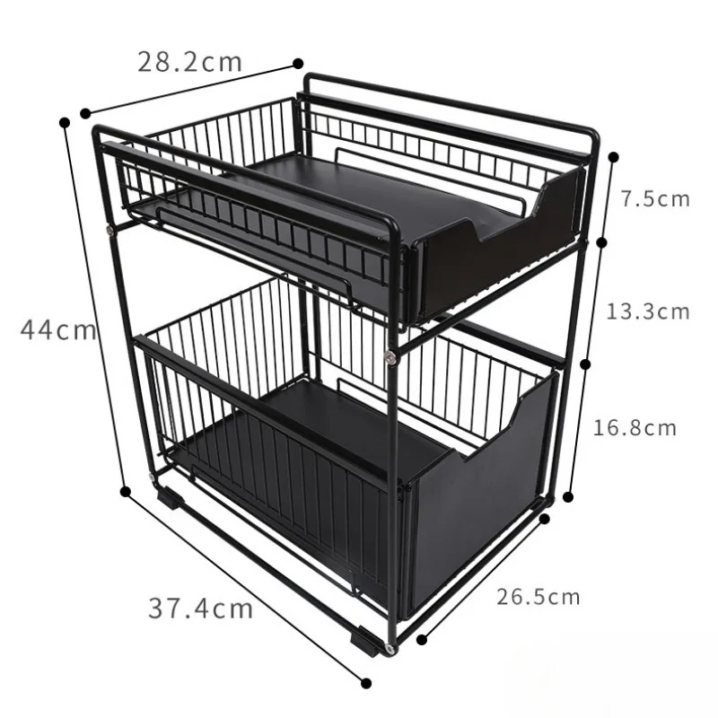 Black 2 Tier Sliding Cabinet Basket Spice Rack Sliding Basket Under Sink Cabinet Storage Shelf with 2 Extendable Baskets Drawer