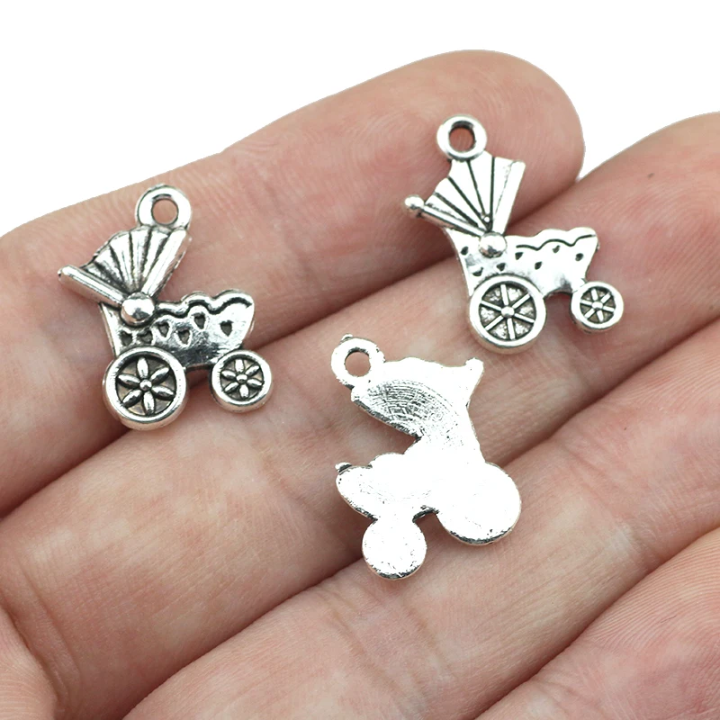 High Quality 20 Pieces/Lot 17mm*18mm Antique Silver Plated Alloy Diy Charm Small Baby Carriage Stroller Charms For Jewelry Makin