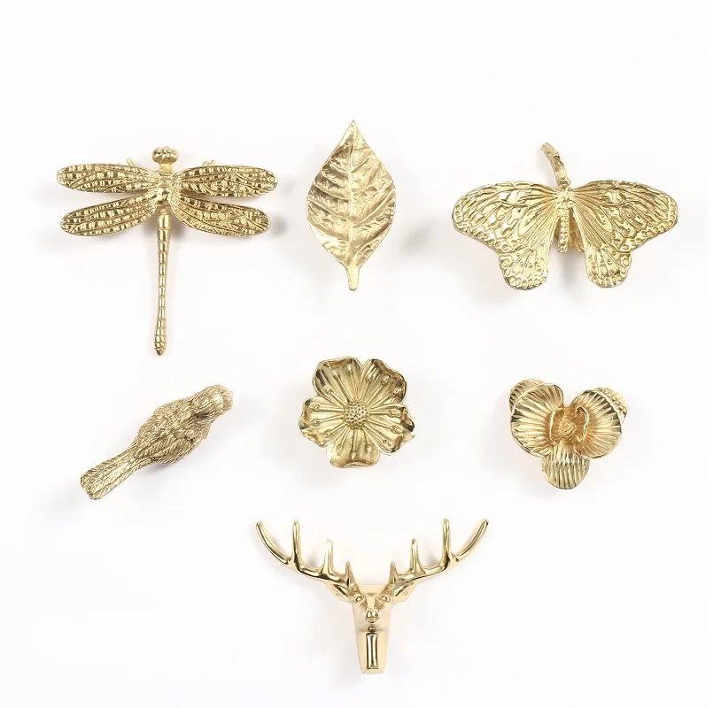 Retro Butterfly/Dragonfly/Orchid brass Handle Wardrobe Drawer Gold Cabinet Pulls copper handles for furnitur cupboard handles