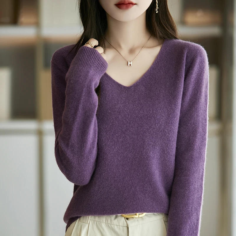 New Women\'s Wool Sweater V-neck Long Sleeve Pullover Soft 30% Merino Wool Knitwear Spring Autumn Cashmere Chic Tops