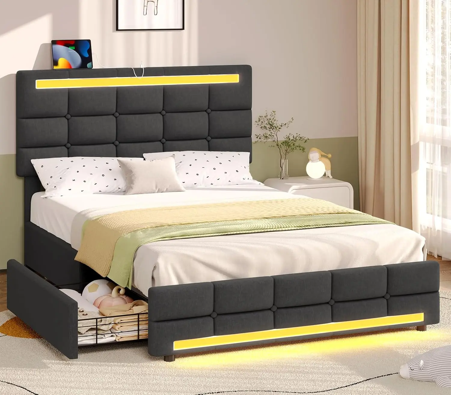 Twin Bed Frames with Storage Drawers and LED Lights Headboard, Upholstered Twin Size Bed with Charging Station, Dark Grey