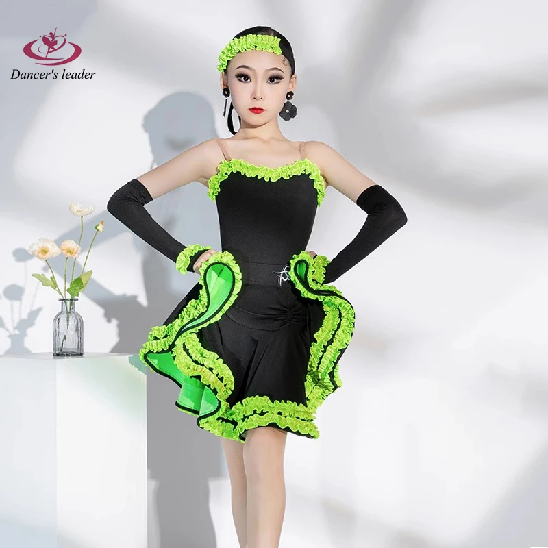 

Latin Dance Costume for Girls, Children, Green Lace, High-end Large Skirt, Samba Dance Dress, Performance Dress