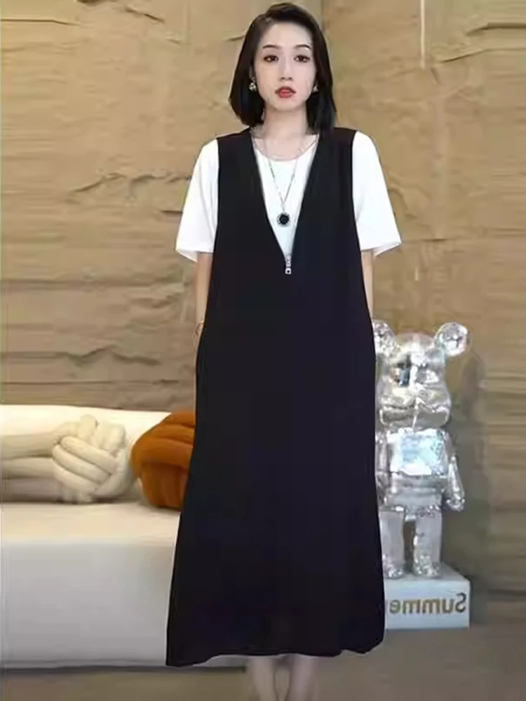 플러스 사이즈 여름 캐주얼 루즈 티셔츠 드레스, 살을 가려주는 A라인 스커트, 하이웨이스트 지퍼 슬레, 출퇴근 패션