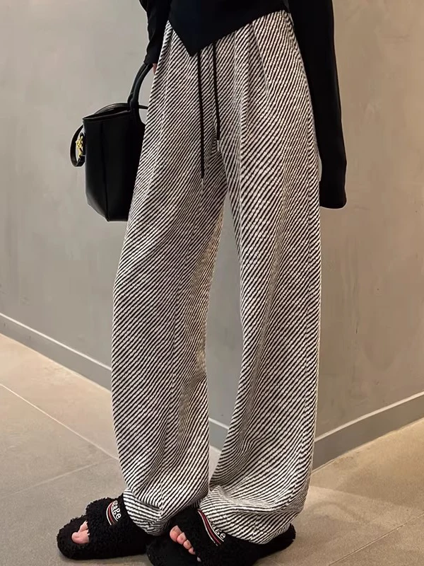 Casual High Waist Wide Leg Pants Women's Spring Autumn New Style Silver Thread Loose Drapey Lazy Sports Long Trousers