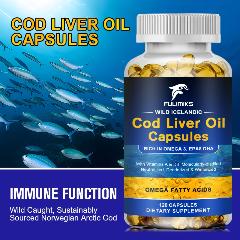 Cod Liver Oil Capsules- Wild Caught EPA DHA Omega3 Fish Oil 1000mg with Vitamin D3 & A for Heart Joint Brain & Immune Support