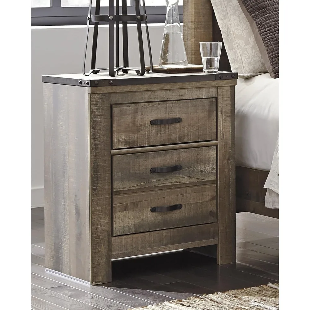 Rustic 2 Drawer Nightstand with USB Charging Stations, Warm Brown