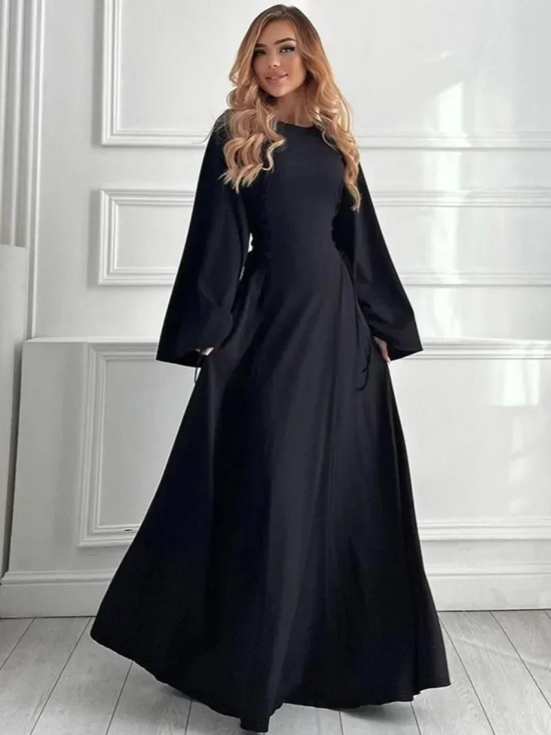 Elegant O-neck High Waist Lace-up Long Maxi Dresses for Women 2025 Chic Full Sleeve Tunics Bandage Black Dress Office Work Robe