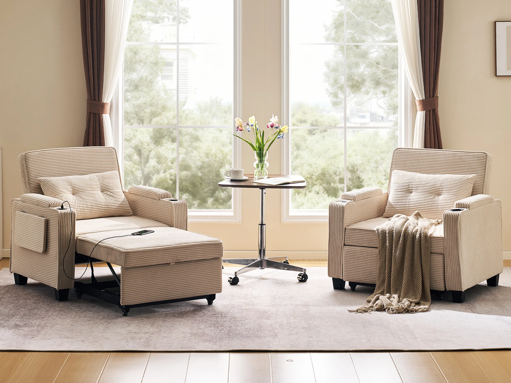 Einzelsofa, 3-in-1-Liegesofa, ausziehbarer Cord-Sessel mit USB-Anschlüssen, 3-fach verstellbare Rückenlehne (105 cm) ° -160 ° Aufbewahrung – Detail 1