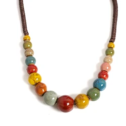 Handmade Multicolor Ceramic Necklace 65cm, Wrapped Wax Cord Jewelry with 18mm Beads for Boho Style 1139