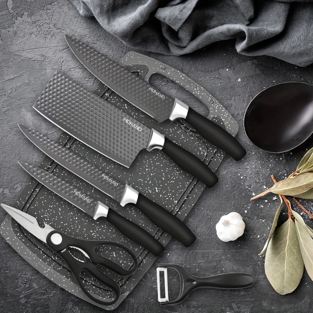 

MDHAND Professional 7pcs Kitchen Knives Chef Cleaver Slicer Utility Knife Peeler Scissors Stainless Steel Sharp with Non-Stick