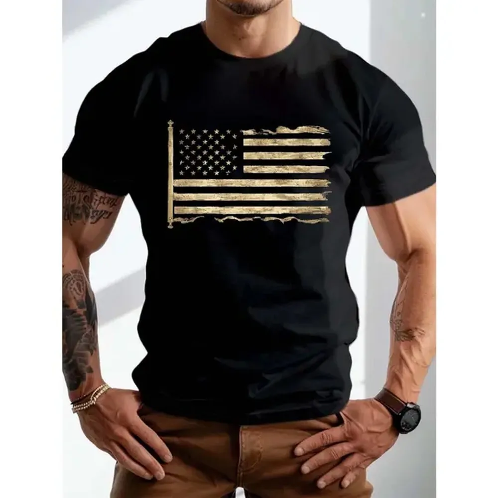 Cotton Short Sleeve T-Shirt Plus Size Mens Casual Summer T-Shirt - Slight Stretch Crew Neck Geometric Flag Graphic Print Tee with Machine Washable Polyester Fabric - Big & Tall Guys Daily Life Essentials