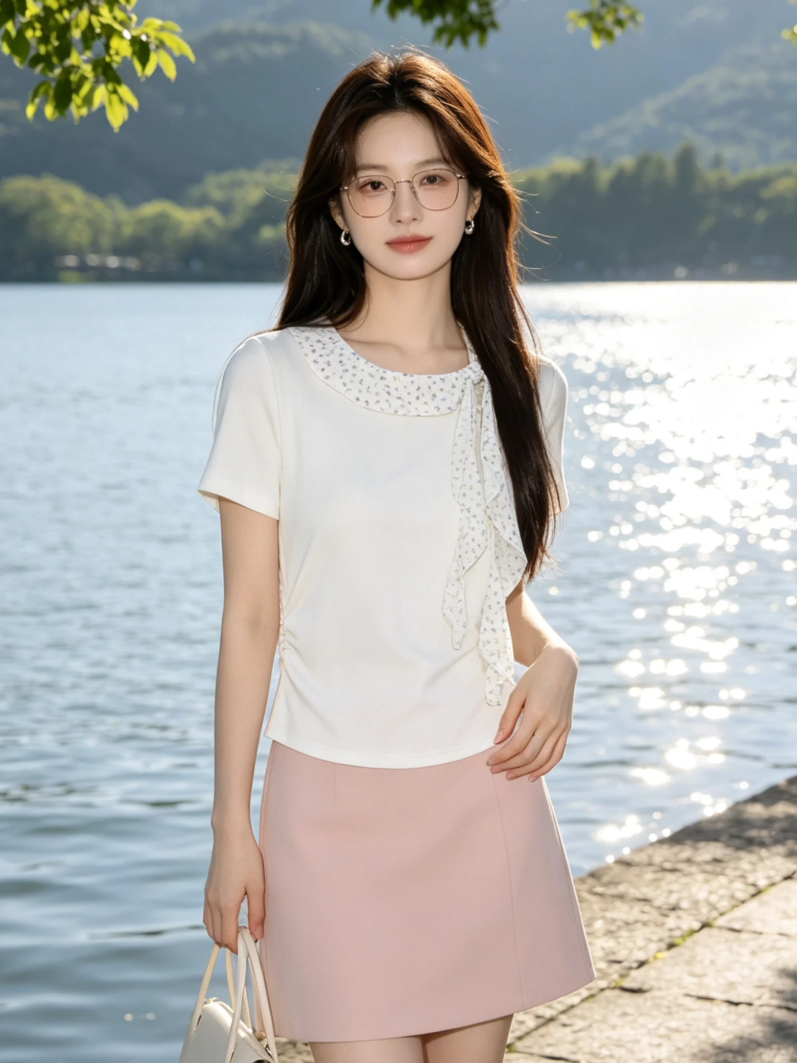 

Sweet Korean Style Splice Short Sleeve T-Shirt Women Summer Gathered Waist Slimming Top Elegant Youthful Floral Print