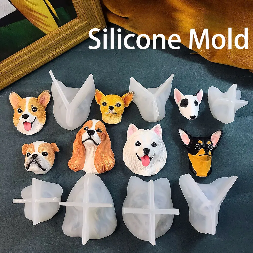Lindo molde de silicona con cabeza de perro Saymo Corgi Cocker Spaniel Bulldog Británico yeso resina epoxi artesanía Animal molde amante de los perros