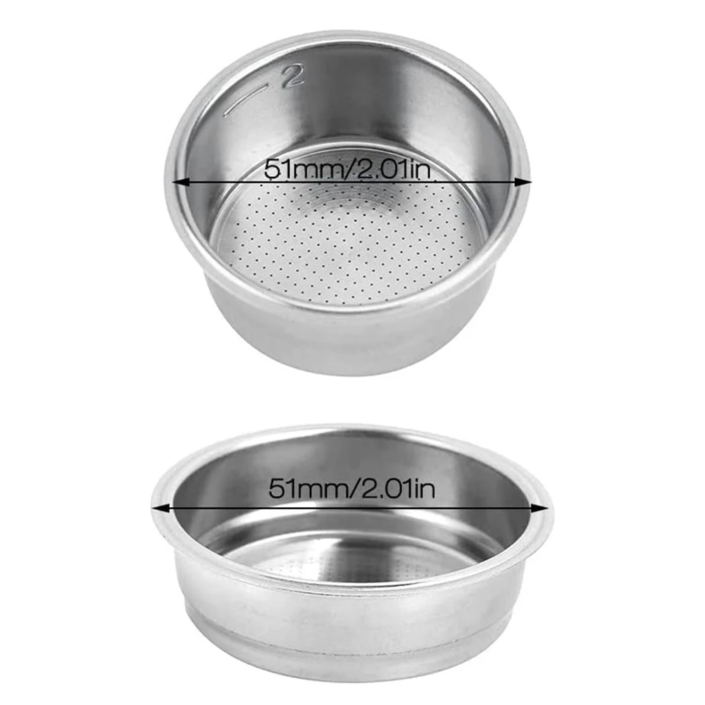 Cesta de filtro de café de 51mm, filtro de 2 tazas y 1 taza portafiltro sin fondo, filtro de café de acero inoxidable de 2 piezas