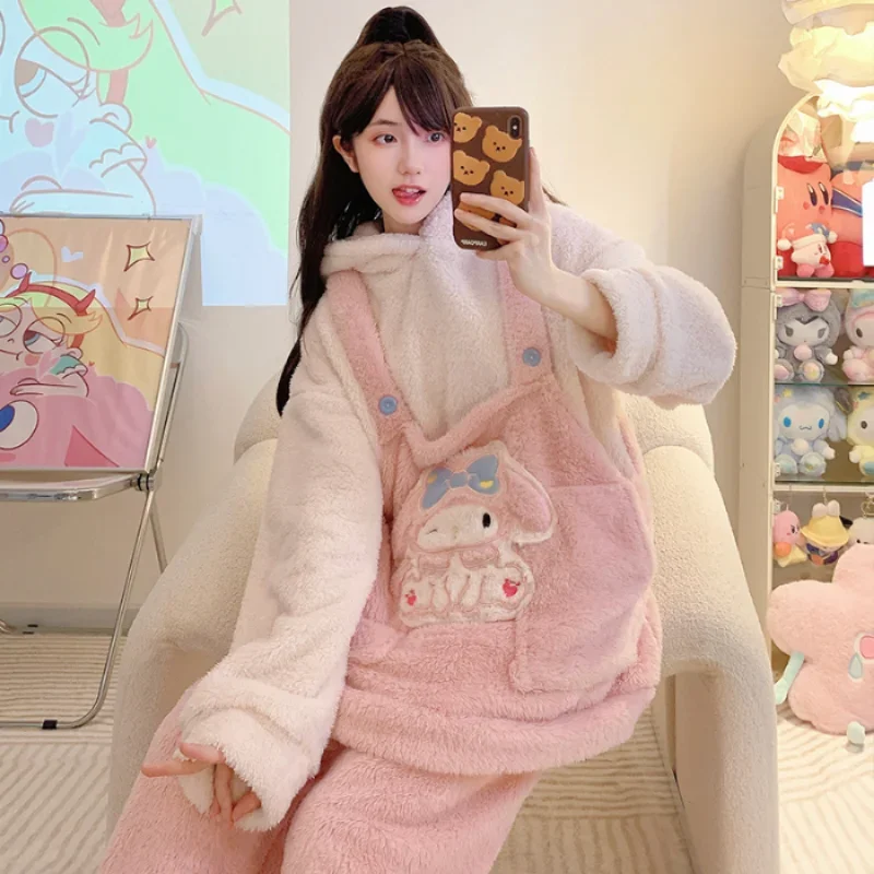 Cartoon Disney Pajamas Winter Coral Fleece Hooded Plush Two-piece Set Kulomie Loungewear Women\'s Pajamas New Melody Clothing