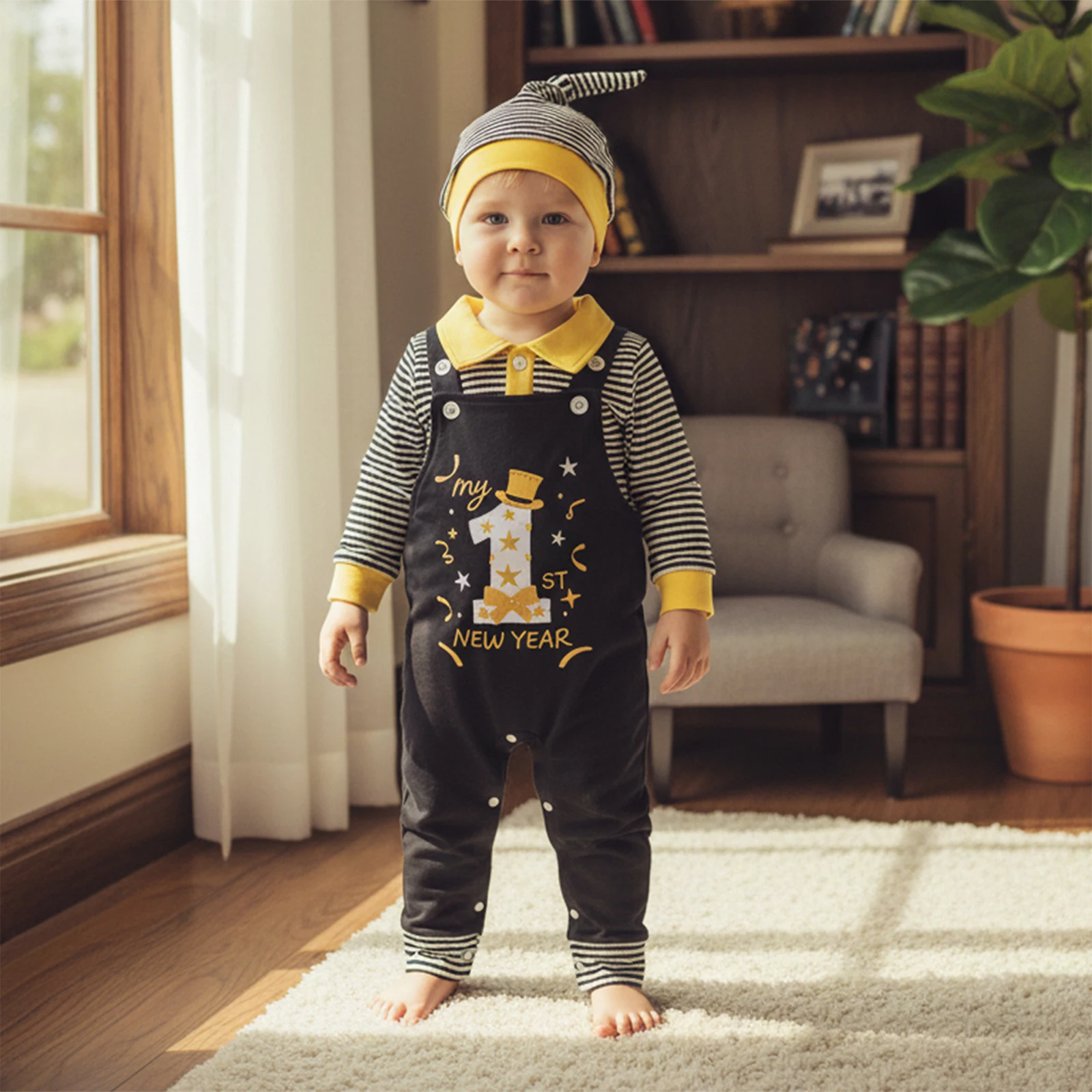 

Новогодний комплект из 3 предметов для маленьких мальчиков, полосатый комбинезон с отложным воротником и длинными рукавами, комбинезон с вышивкой и цифрами и шапкой