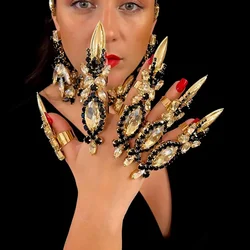 Stonefans Black Crystal Exaggerate Finger Rings Set Statement Jewelry Fashion Women Large Rhinestone Open Ring Hand Decoration
