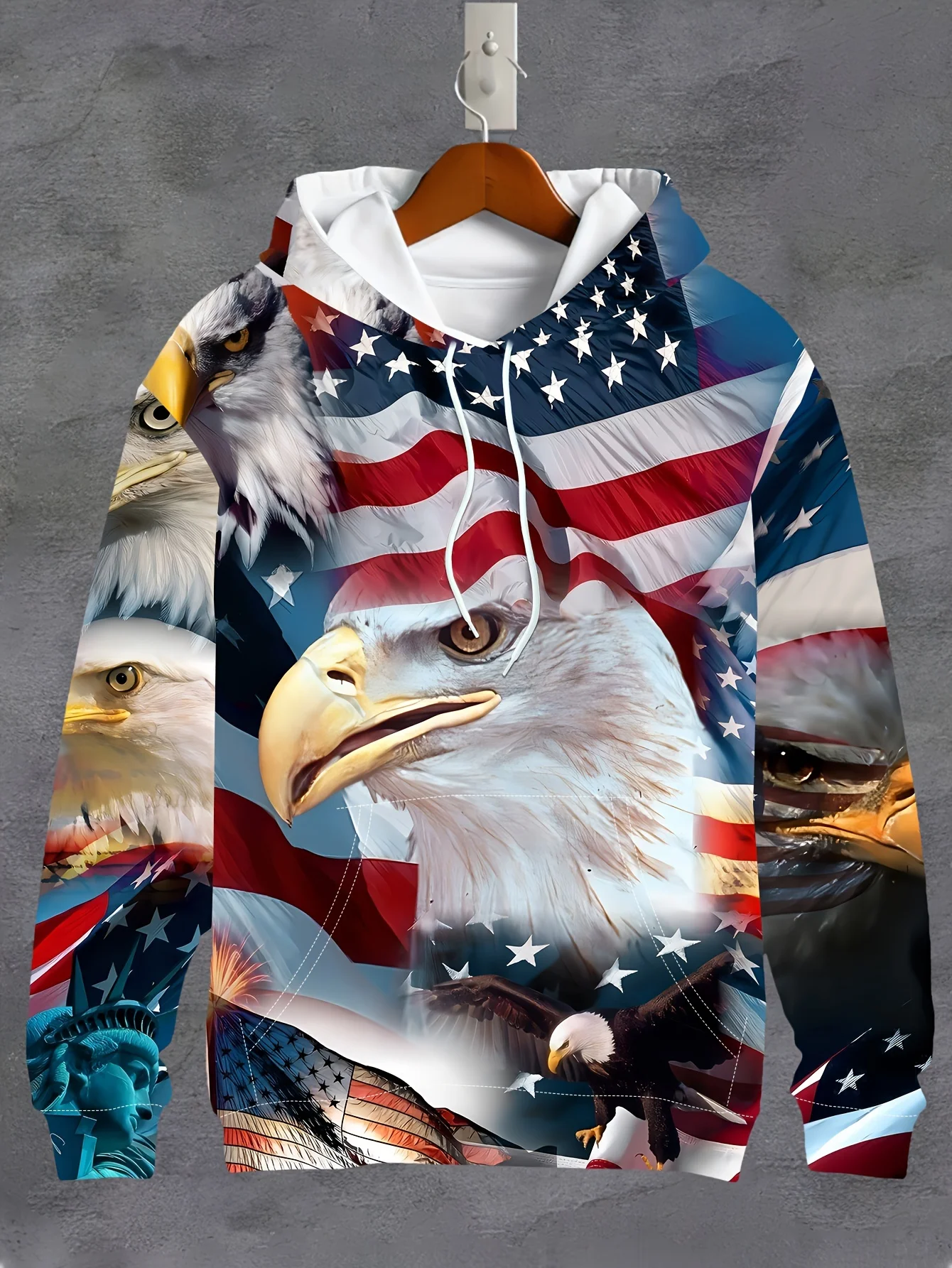 Spring Spirit, Men's 3D Eagle & American Flag Print Hoodie Casual Long Sleeve Drawstring Pocket Fashionable Pullover for Spring