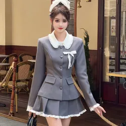 Elegant Two-piece Skirt Set Women Long Sleeve Single Breasted Blazer Coat Lace Pleated Mini Skirt Autumn Korean Fashion Outfits