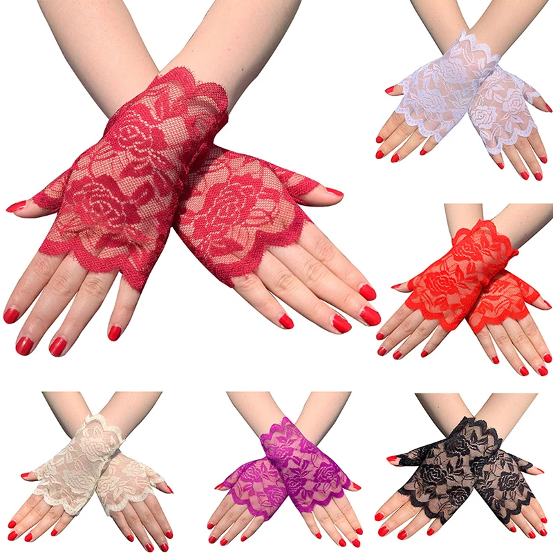 

1Pair Fashion Women Lace Gloves Elastic Spring Summer Sunscreen Short Fingerless Driving Gloves Half Finger Mittens