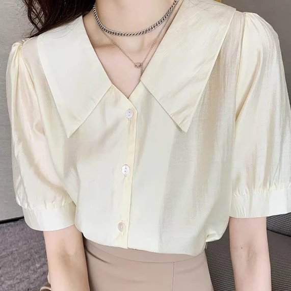 Women Shirt Elegant Delicate Tender Office Lady Summer Lightweight Pure Commuting Korean Style Turn-down Collar Button Classical