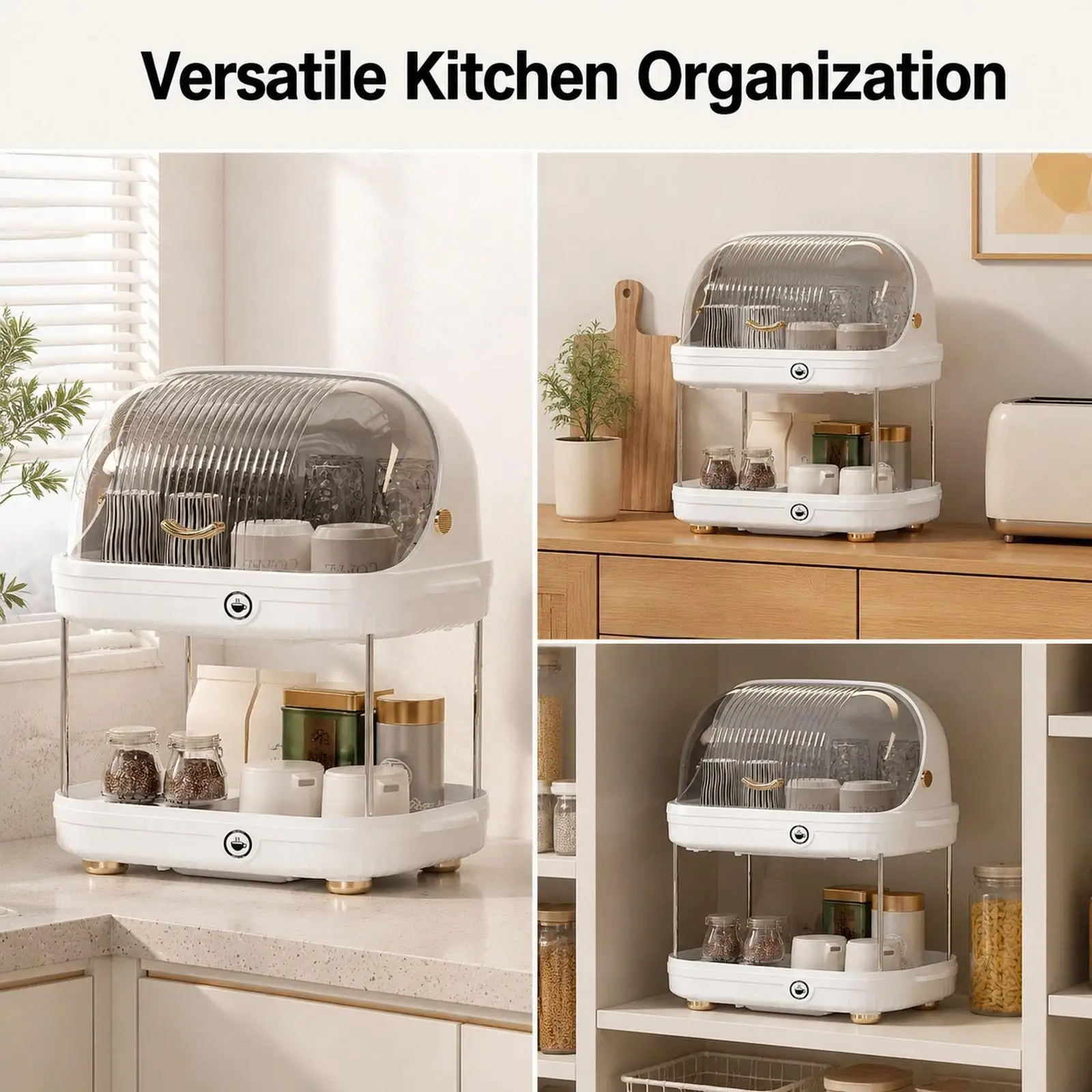 Kitchen Dish Drying Rack Two Tier PP Tableware Shelf with Cover Sink Organizer for Bowls Plates Cups