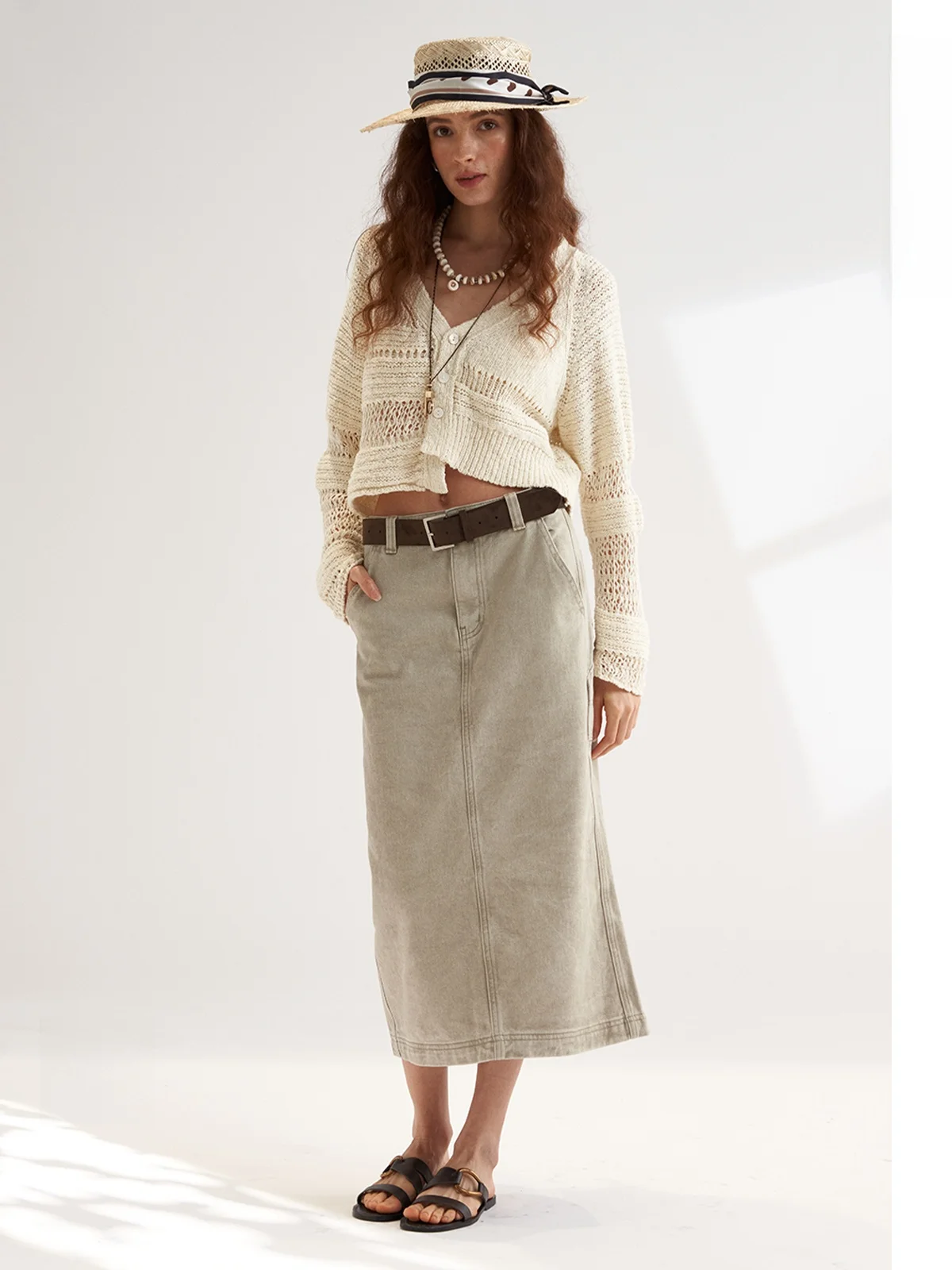 

Hedgeroll Spring Pure Cotton Gingham Washed Vintage Workwear Style Mid-Length Straight Cut Skirt for Women School Uniform Style