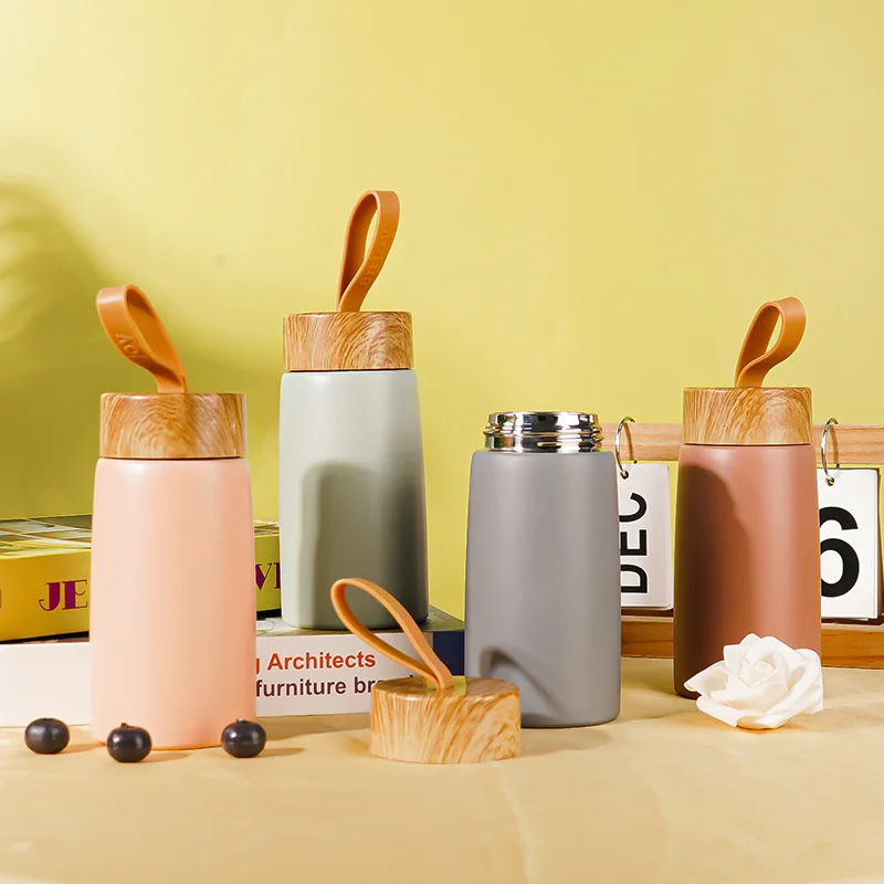 Mini Small Big Belly Water Cup Creative Portable Lanyard Wood Grain Thermos Cup Stainless Steel Cup logo Printing Insulated cup