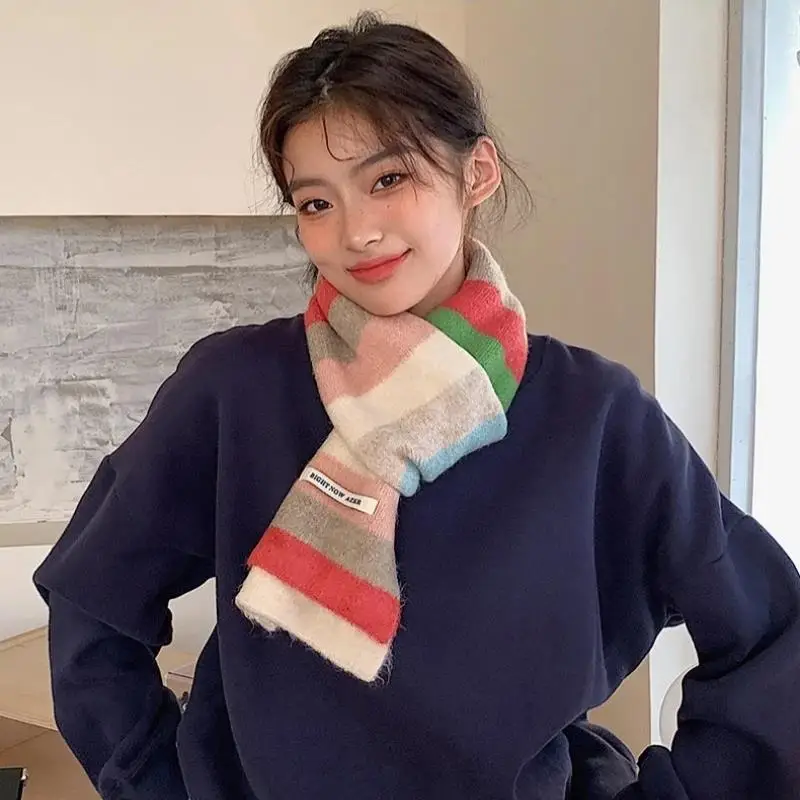 Y2K Rainbow Striped Knitted Scarf Short Scarves Harajuku  Wool Knit Neck Scarf Winter Thick Scarves For Women Girls Neckerchief