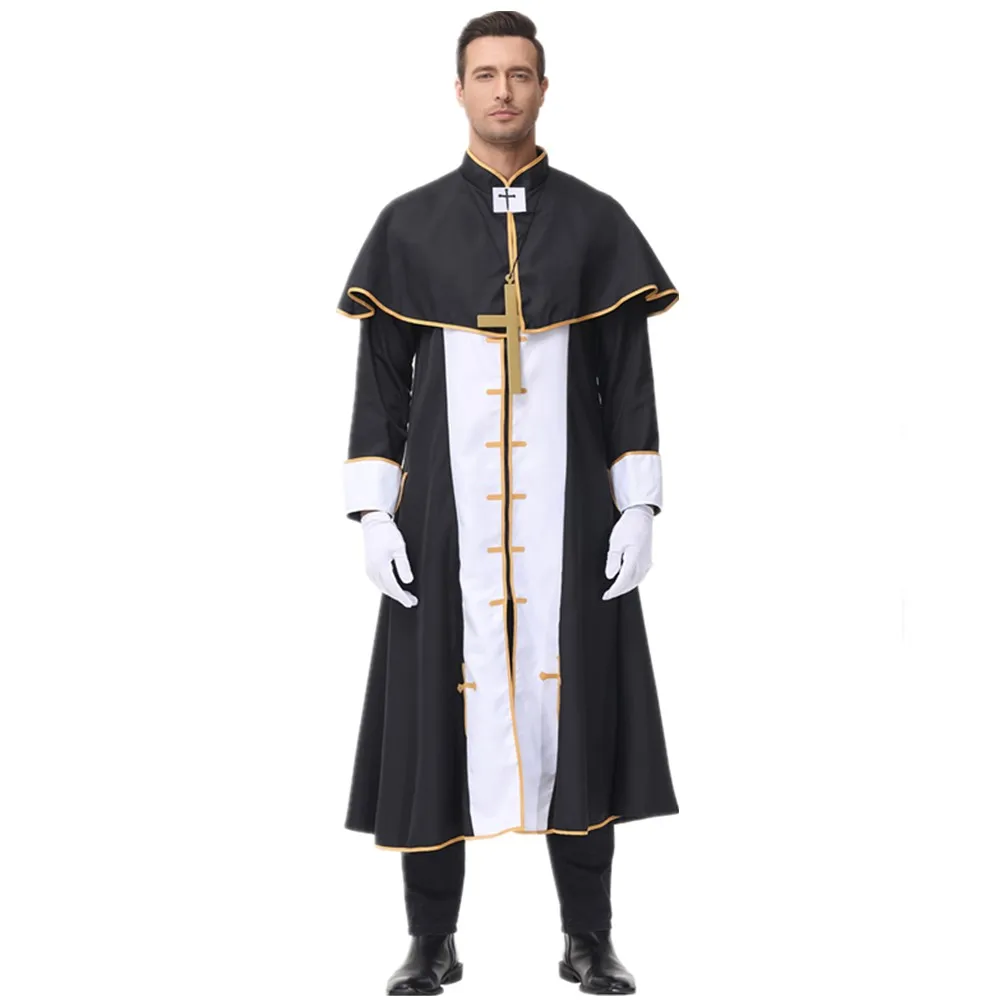 Medieval adulto preto nobre sacerdote traje homem pastor religioso pai trajes dia das bruxas purim festa mardi gras fantasia vestido