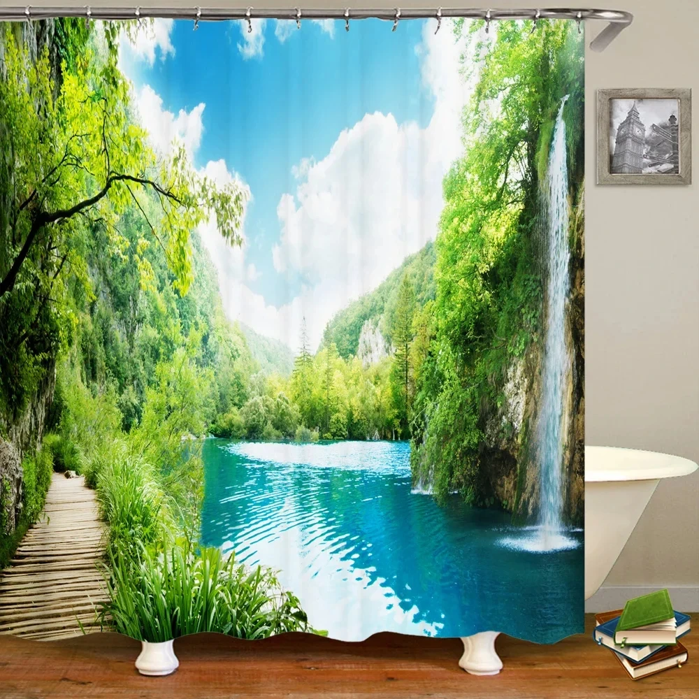 

1PCS Natural Scenery Print Shower Curtain, Shower Curtain With Hooks, Bathroom Divider Waterproof And Mildew Proof Curtain